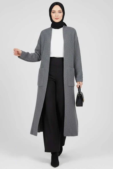 Geniş Cepli Uzun Triko Hırka Füme ürün görseli 1