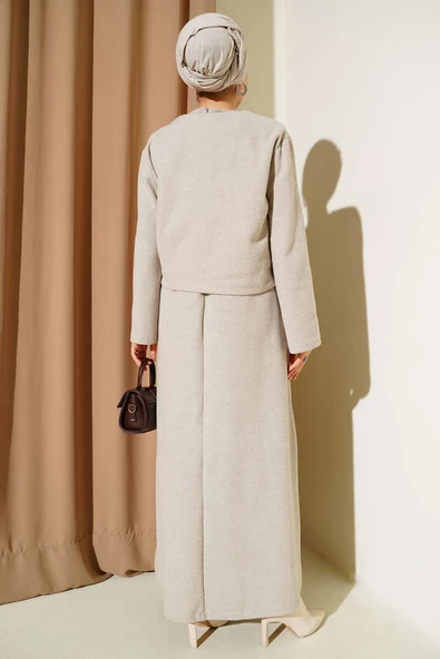 Önü Mini Düğmeli Elbise İkili Takım Taş - Resim 3