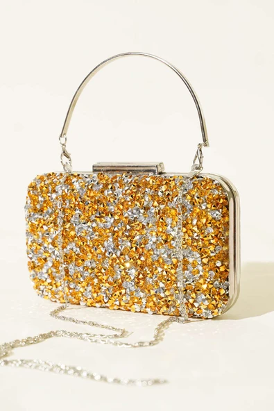 Dikdörtgen Taşlı Kulplu Abiye Çanta Sarı - Resim 2