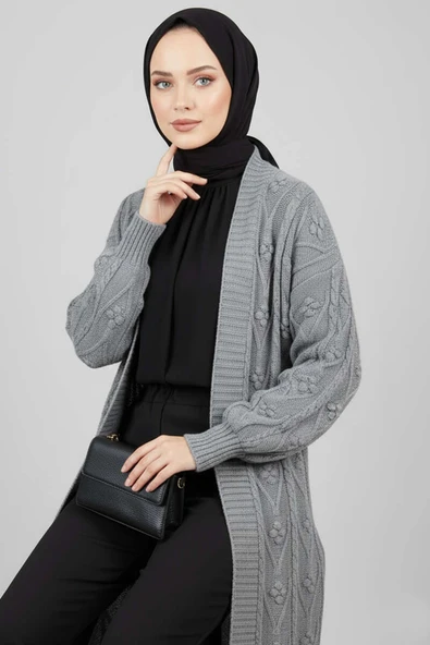 Örgü Kabartma Desenli Uzun Triko Hırka Gri - Resim 2