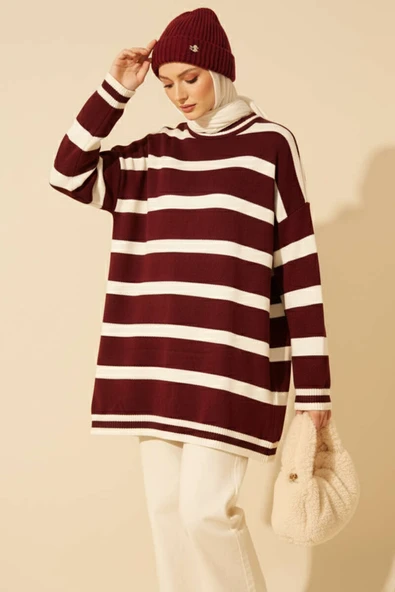 Yatay Çizgi Detaylı Triko Tunik Bordo ürün görseli