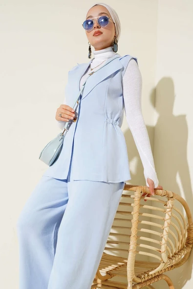 Kruvaze Yelekli İkili Triko Takım Mavi - Resim 2