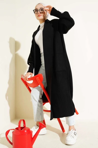 Kol Ucu Düğmeli Şal Yaka Triko Hırka Siyah ürün görseli 1