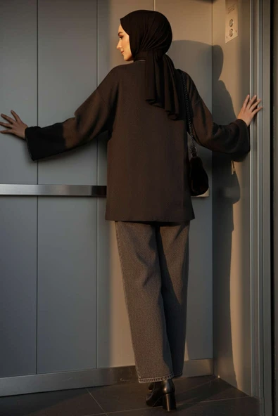 Deri Biyeli Fitilli Görünümlü Kimono Antrasit - Resim 3