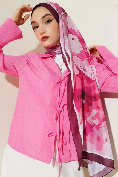 Ebruli Çiçek Desen Soft Şal Mürdüm - Resim 2