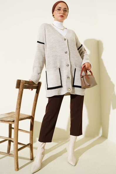 Cepli Gold Düğmeli Triko Hırka Kum Bej - Resim 2