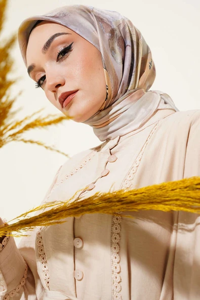 Flowers Desen Soft Eşarp Krem - Resim 2