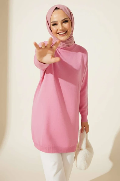 Düşük Kol Detaylı Triko Tunik Pembe - Resim 2