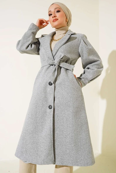 Balon Kollu Uzun Model Melanj Gri Kaşe Kaban ürün görseli 1