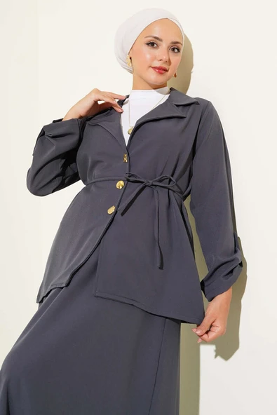 Kruvaze Yaka Gold Düğmeli Dabıl İkili Takım Füme - Resim 2
