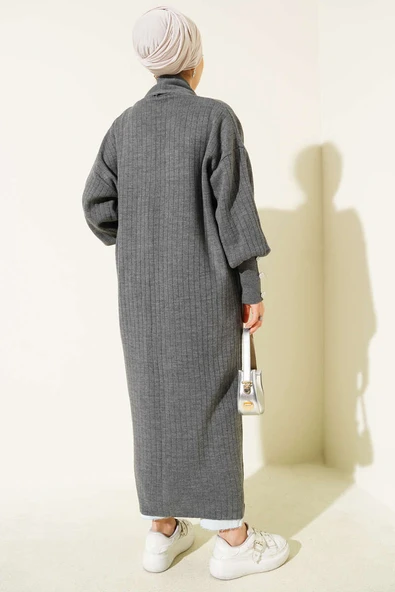 Kol Ucu Düğmeli Şal Yaka Triko Hırka Füme - Resim 3