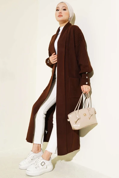 Kol Ucu Düğmeli Şal Yaka Triko Hırka Kahve ürün görseli 1