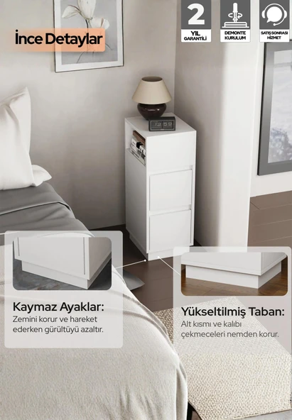 Alve Dar Komodin – 2 Çekmeceli, Değiştirilebilir Açık Bölmeli Yan Sehpa Yatak Odası & Oturma Odası Minimal Tasarım - Resim 5
