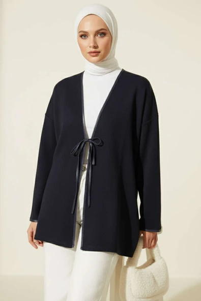 Deri Biyeli Fitilli Görünümlü Kimono Lacivert ürün görseli 1