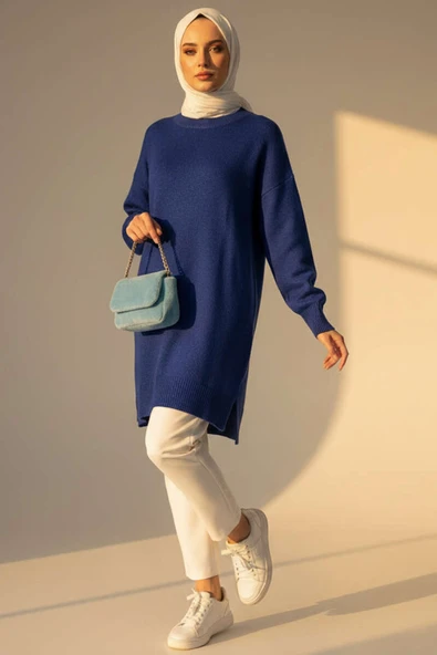 Yan Yırtmaçlı Yumoş Uzun Triko Tunik Lacivert - Resim 2