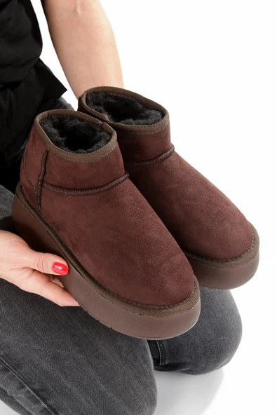 Kahve Süet Kalın Taban İçi Yünlü Kürklü Kadın Bot FON44 ürün görseli