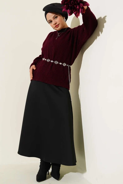 Çizgi Kabartmalı Triko Kazak Bordo - Resim 2