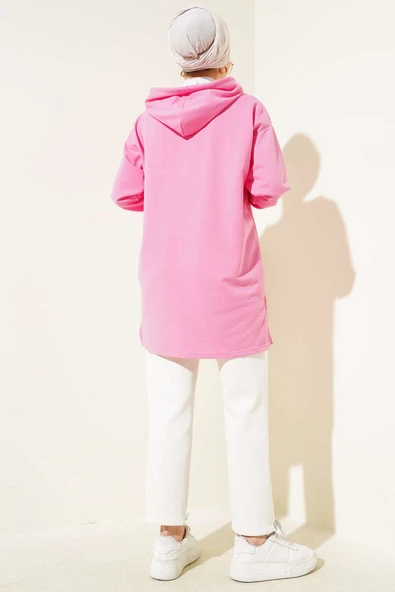 Kapüşonlu Yarım Fermuarlı Baskılı Tunik Pembe - Resim 3