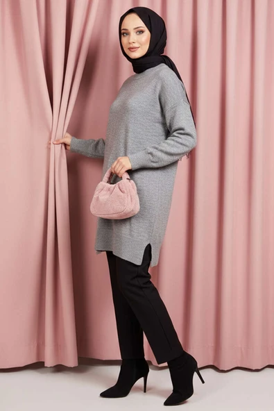 Yan Yırtmaçlı Yumoş Uzun Triko Tunik Gri - Resim 2