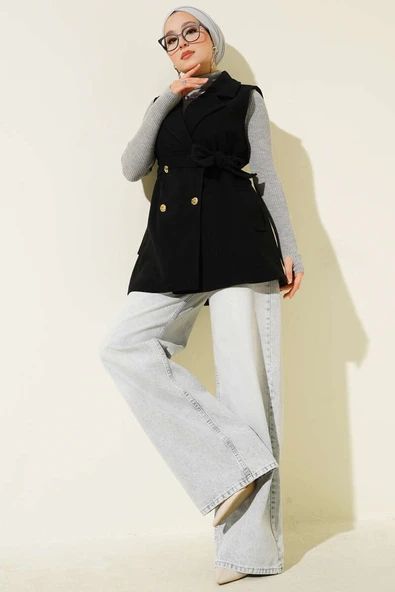Sıfır Kol Kuşaklı Kaşe Yelek Siyah - Resim 2