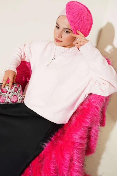 Kare Desenli Triko Kazak Pudra ürün görseli