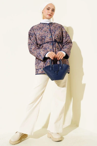 Etnik Desenli Kapitone Ceket Lacivert - Resim 2