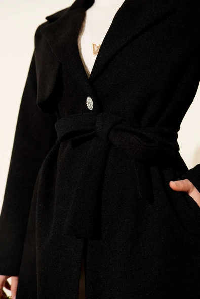 Tek Omuz Apoletli Düğme Detaylı Kaşe Kaban Siyah - Resim 4