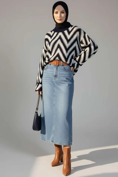 Zigzag Desen Triko Kazak Lacivert - Resim 2