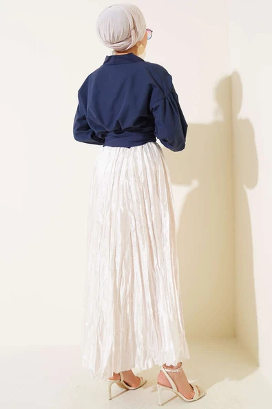 V Yaka Bağlamalı Kısa Gömlek Lacivert - Resim 3