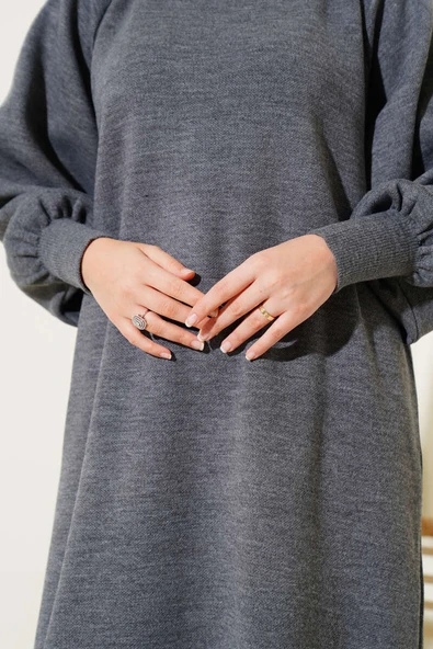 Balon Kol Triko Elbise Füme - Resim 4