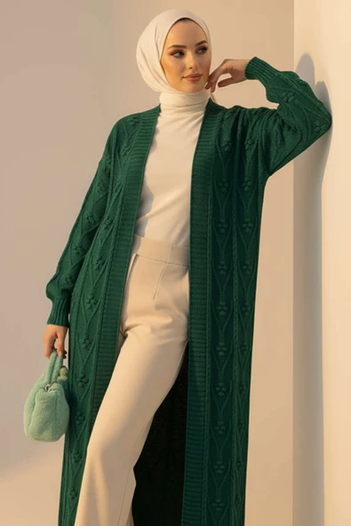 Örgü Kabartma Desenli Uzun Triko Hırka Zümrüt ürün görseli