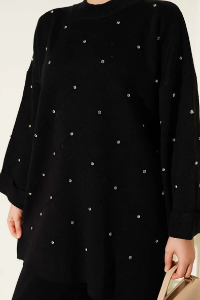 Taşlı Baklava Desen Triko İkili Takım Siyah - Resim 4