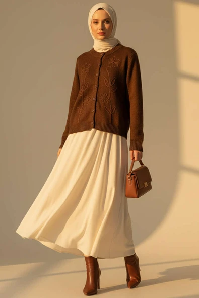 Çiçek İşlemeli Kısa Triko Hırka Kahve - Resim 2