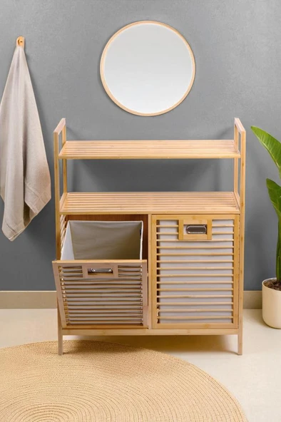 Digithome Bambu 2'li Kirli Sepetli 2 Raflı Çok Amaçlı Banyo Düzenleyici Çamaşır Sepeti DB-0040 - Resim 3