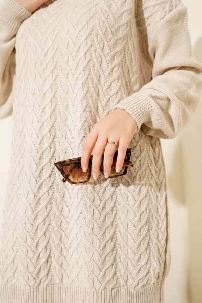 Zigzag Örgü Triko Tunik Bej - Resim 4