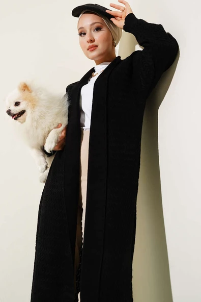 Zikzak Desenli Uzun Triko Hırka Siyah - Resim 2