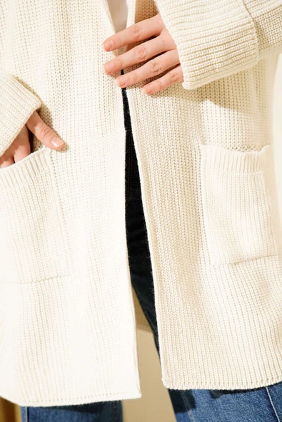 Şal Yaka Pirinç Örgü Triko Hırka Bej - Resim 4