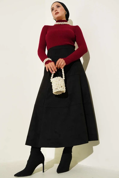 Balıkçı Yaka Parmak Geçirmeli Triko Kazak Bordo - Resim 2