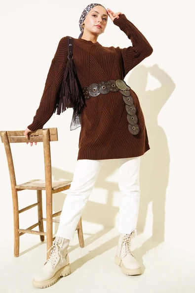 Çizgi Baklava Desen Triko Tunik Kahve - Resim 2