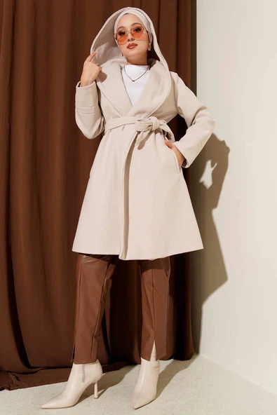 Kapüşonlu Kuşak Detaylı Kaşe Kaban Taş ürün görseli 1