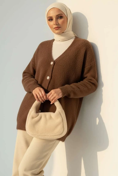 Sakallı Düğmeli Hırka Kahve - Resim 2