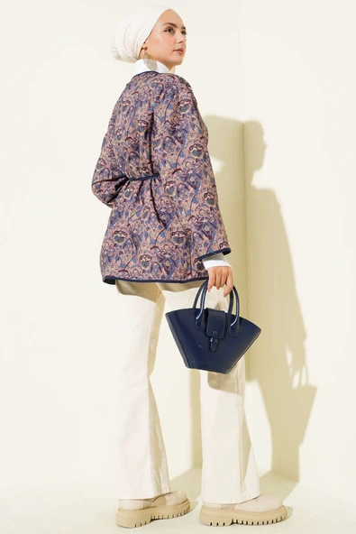 Etnik Desenli Kapitone Ceket Lacivert - Resim 3