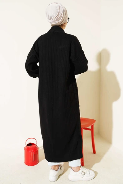 Kol Ucu Düğmeli Şal Yaka Triko Hırka Siyah - Resim 3