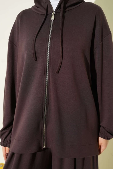 Loyşa Basic Fermuarlı Kapüşonlu İkili Takım Kahve - Resim 4