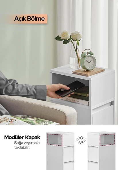 Alve Dar Komodin – 2 Çekmeceli, Değiştirilebilir Açık Bölmeli Yan Sehpa Yatak Odası & Oturma Odası Minimal Tasarım - Resim 3