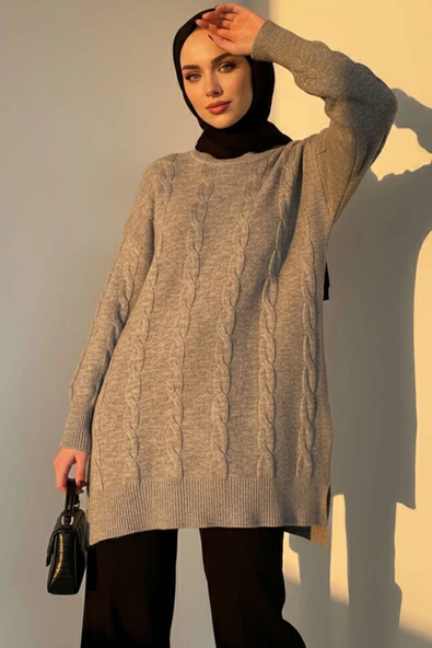 Örgü Kabartmalı Yumoş Triko Tunik Gri ürün görseli