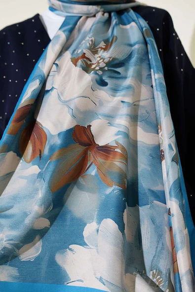 Çiçek Desen Twill Şal Mavi - Resim 4