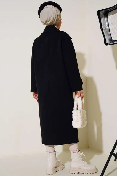 Kruvaze Yaka Uzun Kaşe Kaban Siyah - Resim 3