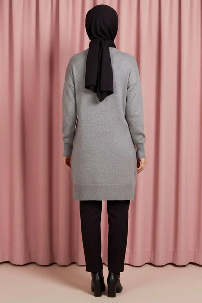 Yan Yırtmaçlı Yumoş Uzun Triko Tunik Gri - Resim 3