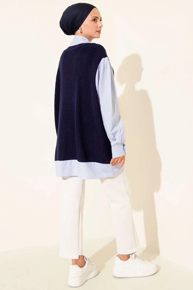 Gömlek Yaka Çizgili Triko Tunik Lacivert - Resim 3